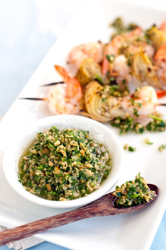 Shrimp & Artichoke Skewers With Green Olive Sauce Shrimp & Artichoke Skewers With Green Olive Sauce