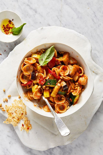 Orecchiette with Eggplant, Zucchini and Roasted Red Peppers Orecchiette with Eggplant, Zucchini and Roasted Red Peppers