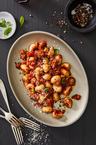Roasted Pepper Bruschetta and Tomato Sauce with Shellbows and Italian Sausage