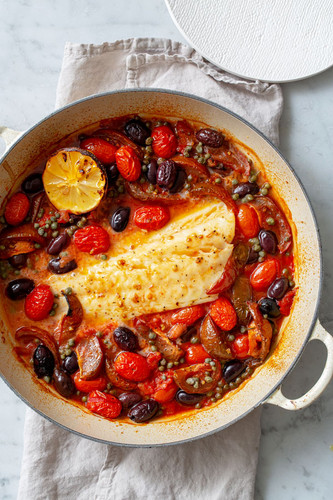 Salted Cod with Tomatoes, Capers and Olives