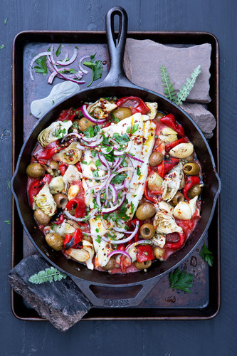 Slow-Roasted Cod with Piquillo Peppers, Artichokes and Olives Slow-Roasted Cod with Piquillo Peppers, Artichokes and Olives