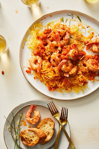 Spaghetti Squash with Tomato Bruschetta and Shrimp