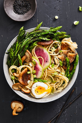 Spring Mushroom Ramen Noodle Bowl with Asparagus