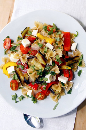 Whole-Wheat Farfalle Pasta Salad with Peppers, Eggplant, and Fresh Mozzarella Whole-Wheat Farfalle Pasta Salad with Peppers, Eggplant, and Fresh Mozzarella