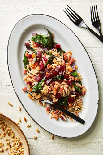 Whole-Wheat Orzo with Beets, Pancetta & Caramelized Onions