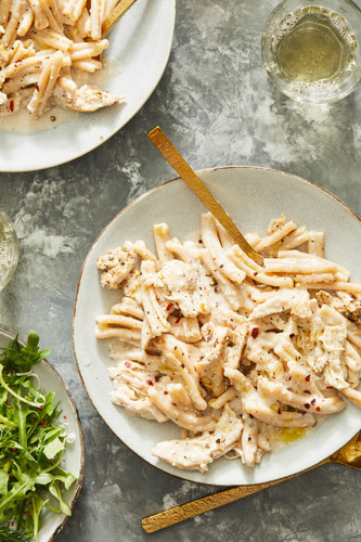 Whole-Wheat Casarecce Pasta with Herby Chicken and Creamy White Bean Sauce