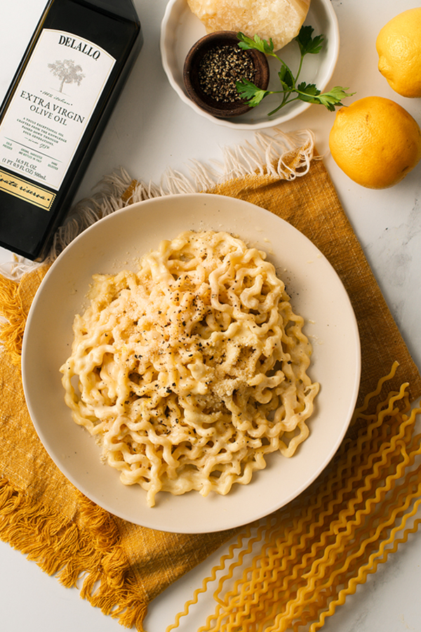 Fusilli col Buco pasta in a creamy lemon sauce.