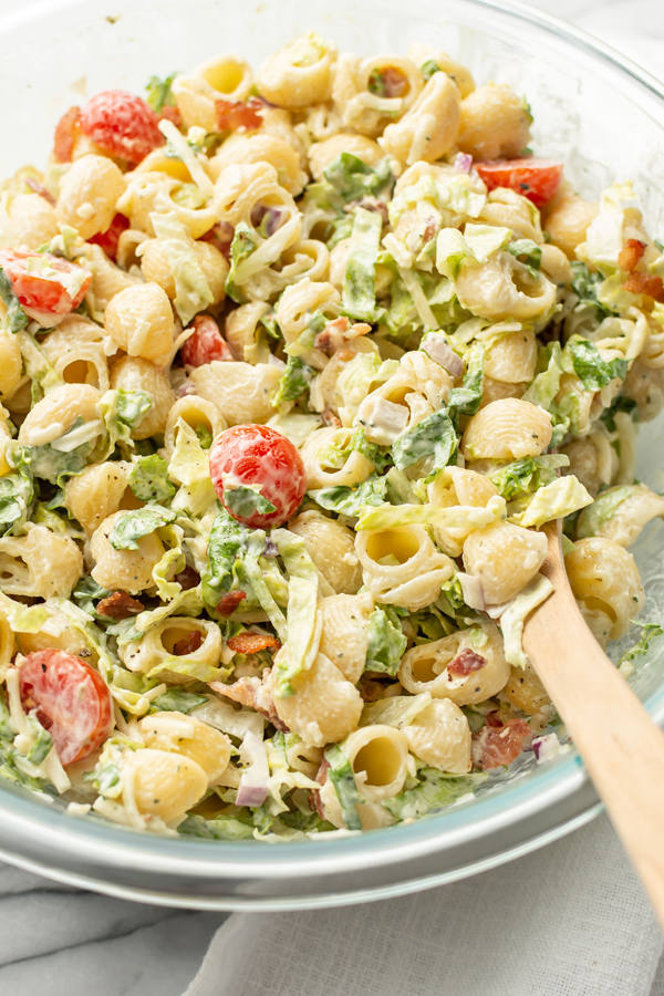 BLT themed pasta salad with a creamy pesto dressing