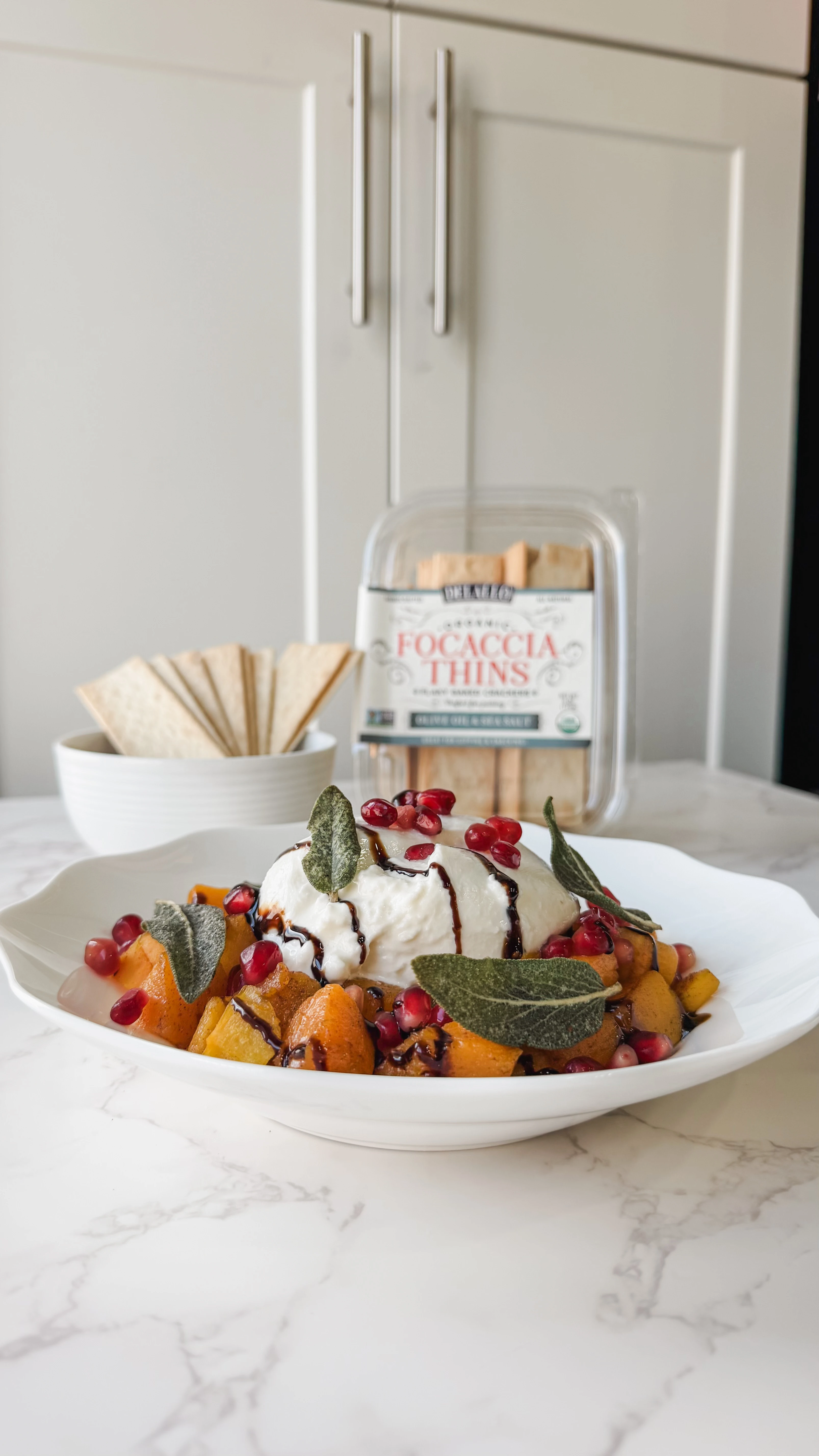 Butternut Squash Dip ready to serve with Focaccia Thins