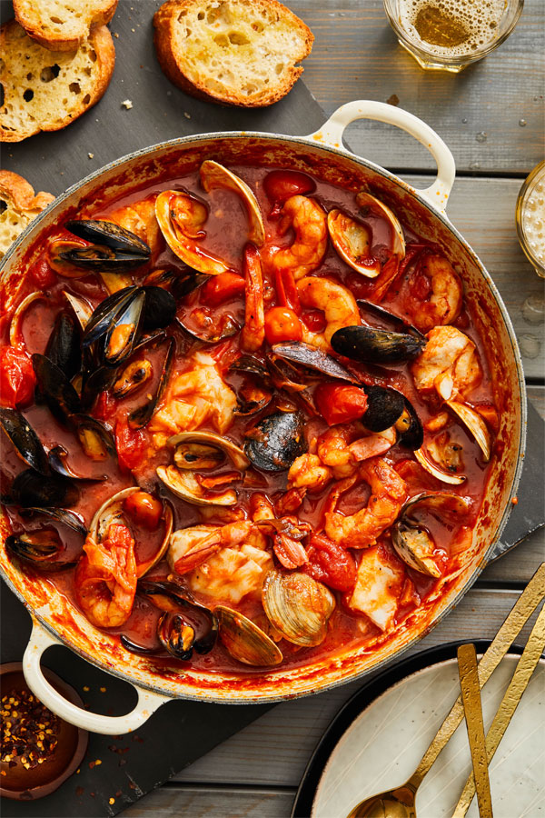 Tomato based stew with clams, mussels and shrimp.