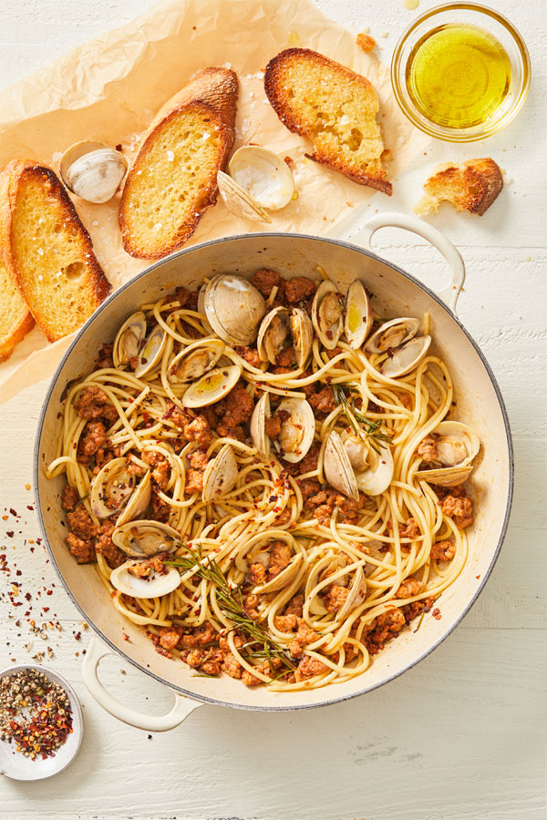 Linguine pasta with clams and pasta in a buttery white wine and caper sauce.