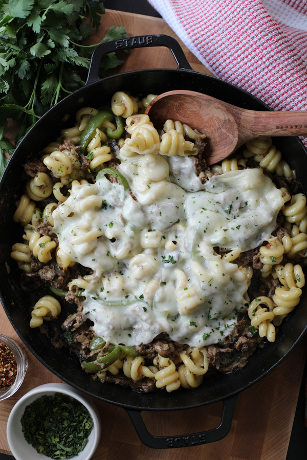 Cheesesteak Pasta in a bowl and ready to serve.