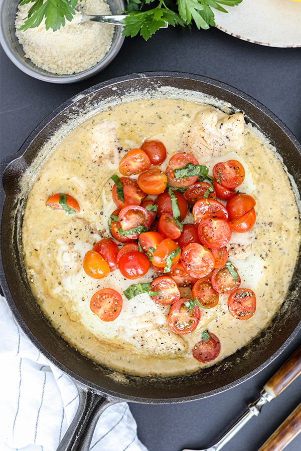 Chicken and cherry tomatoes in a creamy pesto sauce