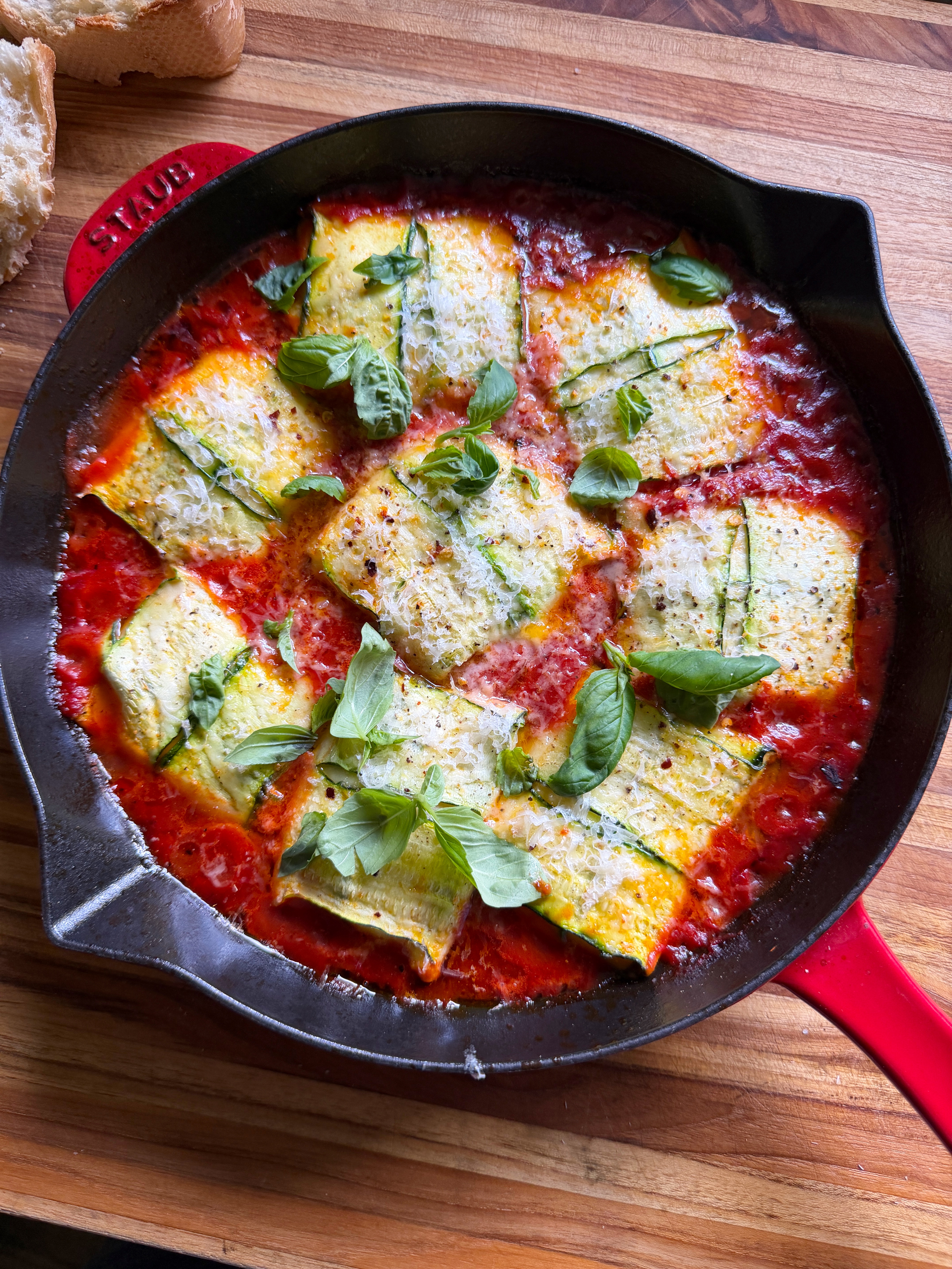 Cottage Cheese Zucchini Ravioli baked in a pan and ready to serve.