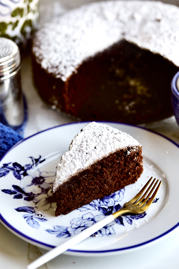 Chocolate Olive Oil Cake dusted with powdered sugar