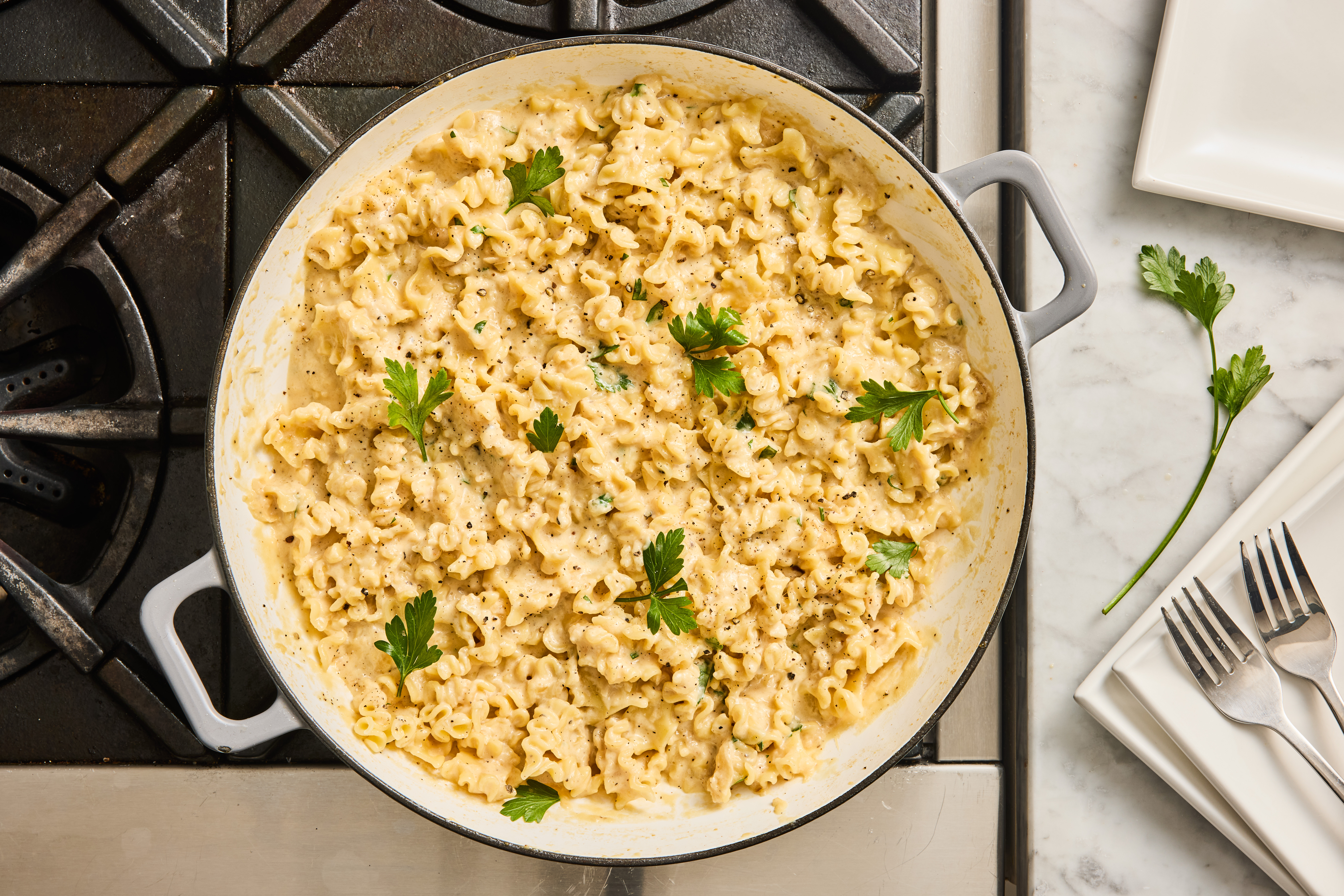 Caramelized Onion Pasta in pan ready to serve