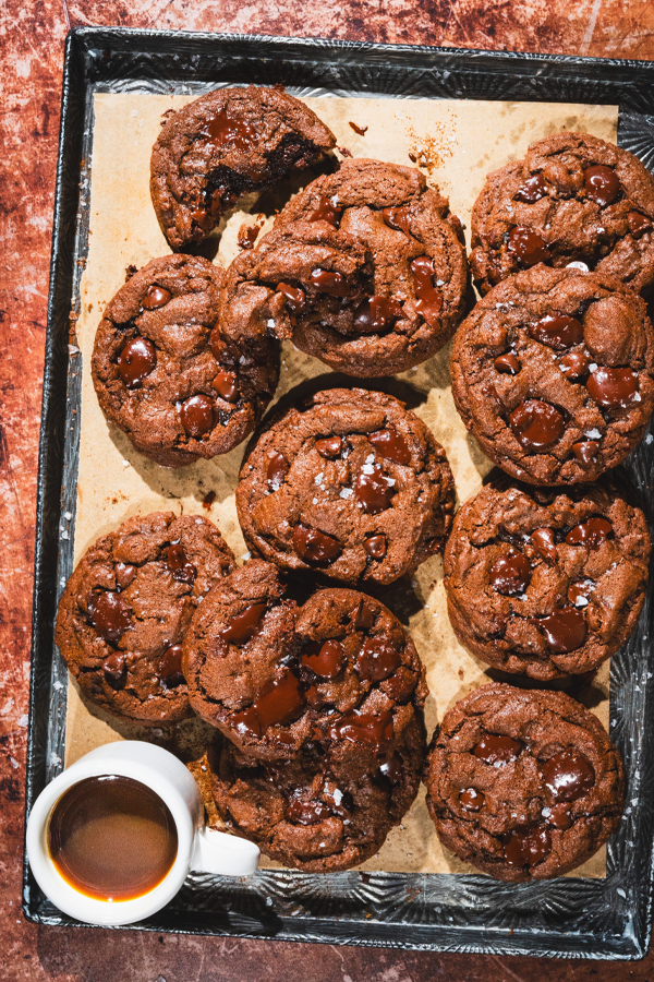 Chocolate cookies with dark and semisweet chocolate chips.