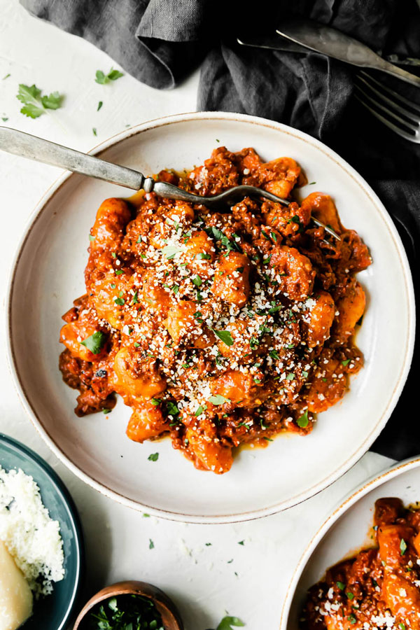 Gnocchi bolognese served on a plate