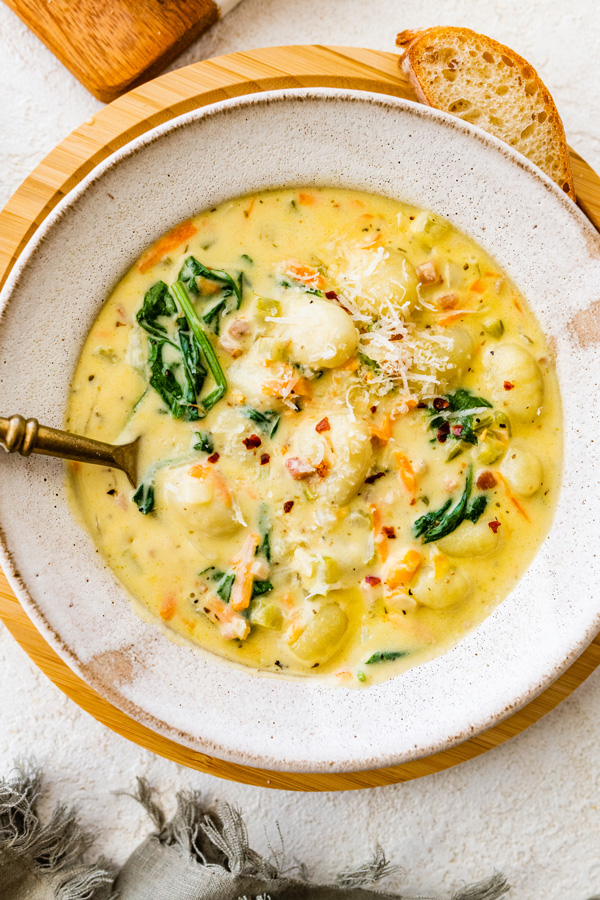 Bowl of creamy gnocchi soup.