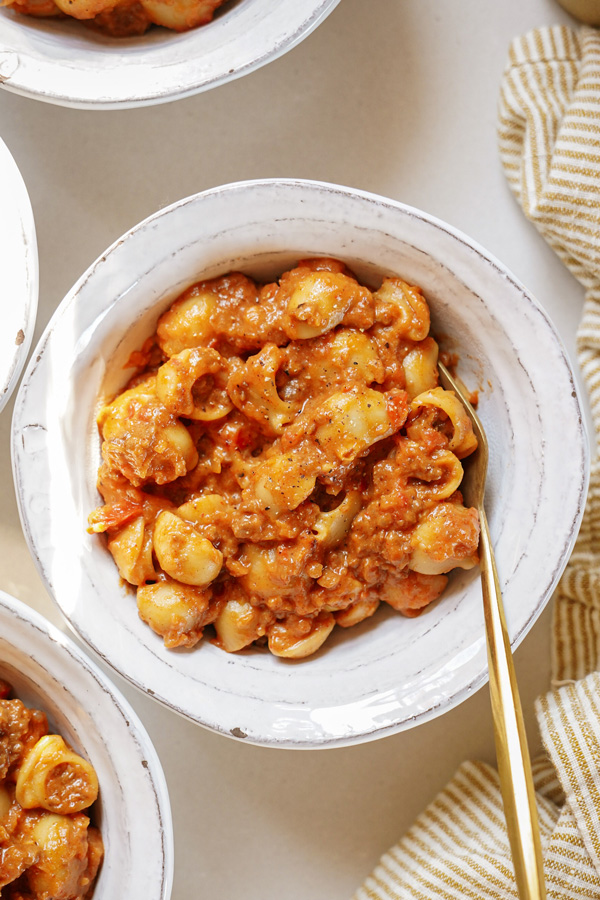 Hamberger helper pasta served in a bowl