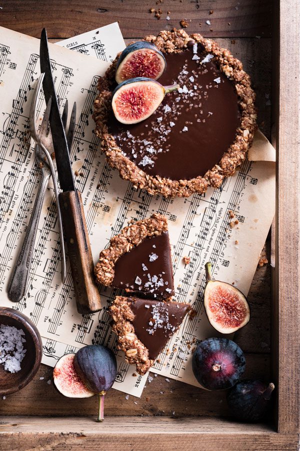 Chocolate ganache tart topped with figs and sea salt