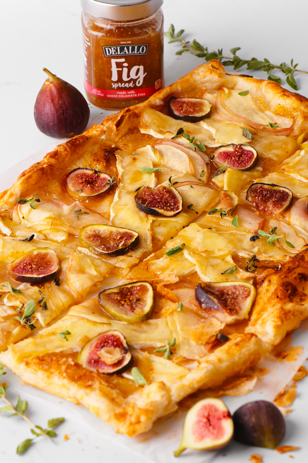 Apple, Brie and Fig Tart ready to cut and serve