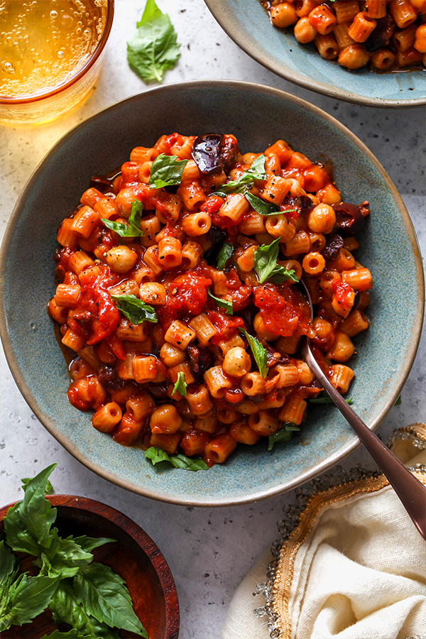 Puttanesca sauce with ditalini pasta and chickpeas