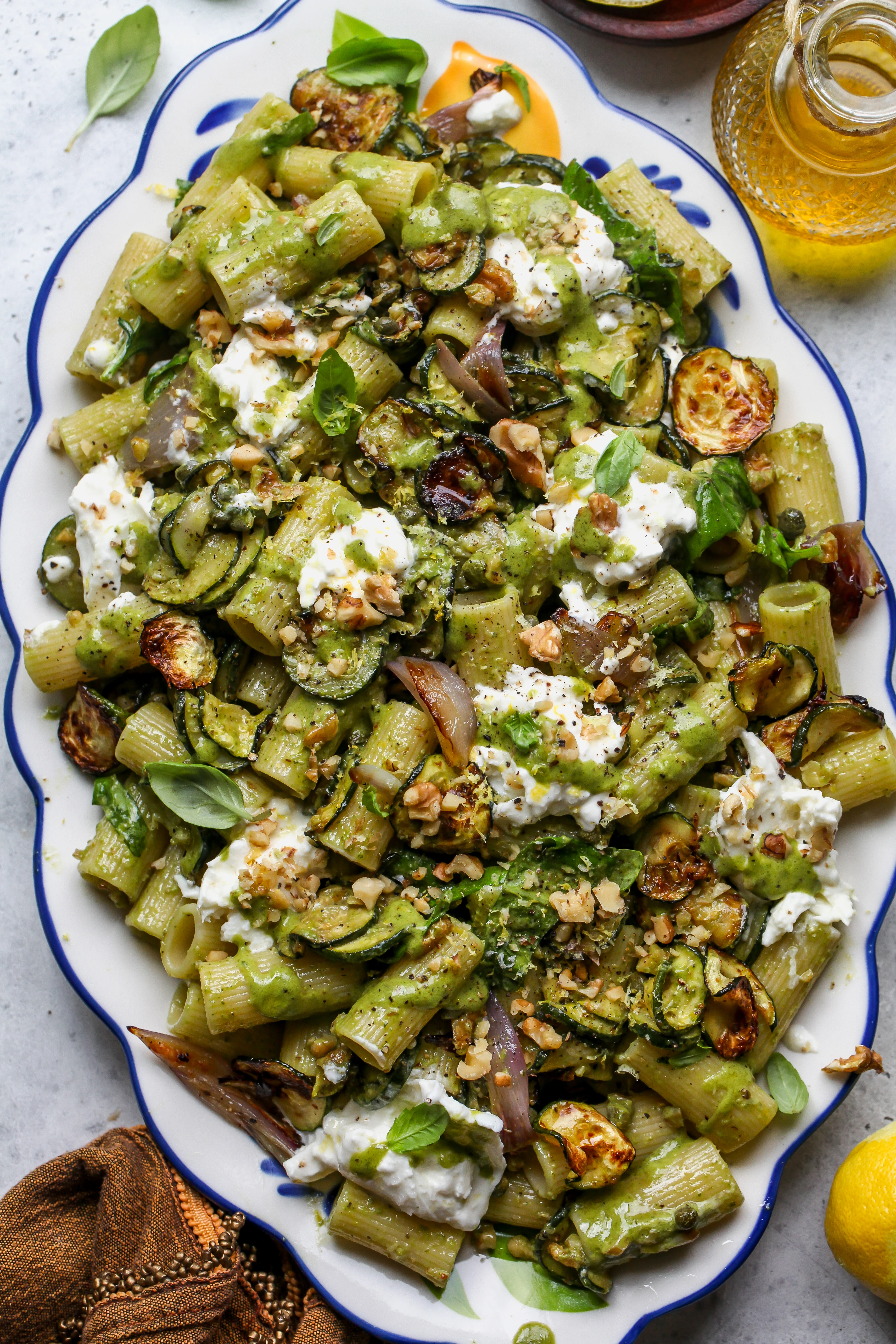 Roasted Zucchini Pasta with Basil Vinaigrette on a serving plate and ready to serve.