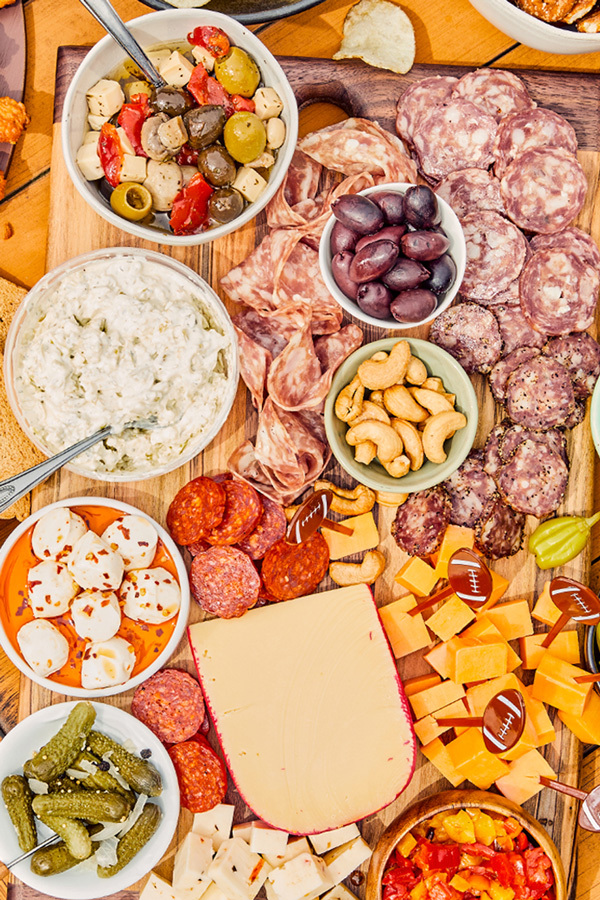Overhead View Of The Best Football ( or Any Game Day!) Charcuterie Board