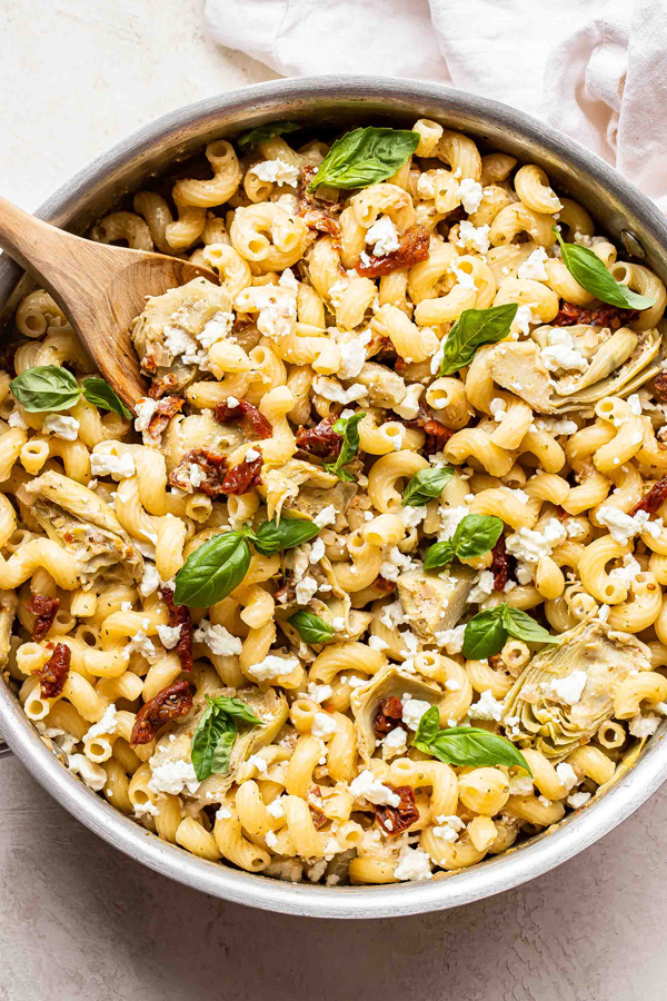 Cavatappi pasta with sun-dried tomatoes and feta