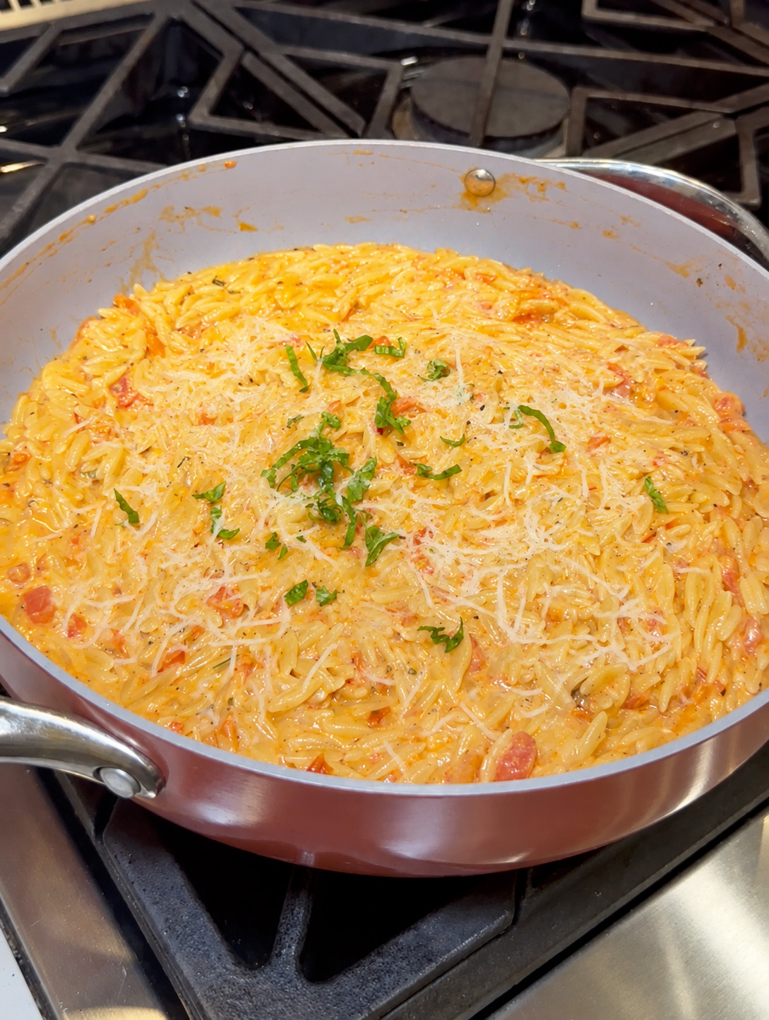 Finished Creamy Tomato Bruschetta Orzo ready to serve.