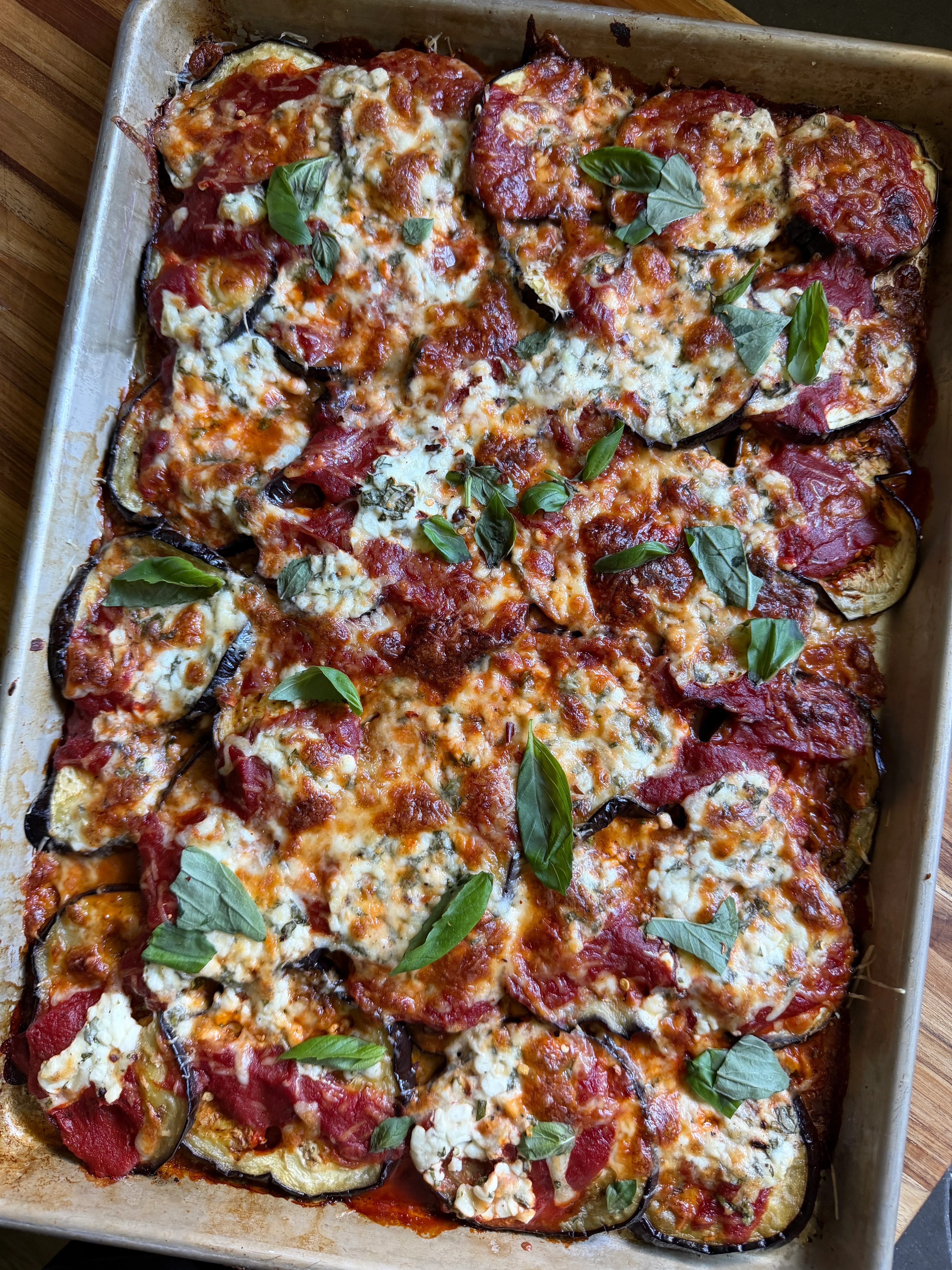 Sheet Pan Eggplant Parmesan baked in pan