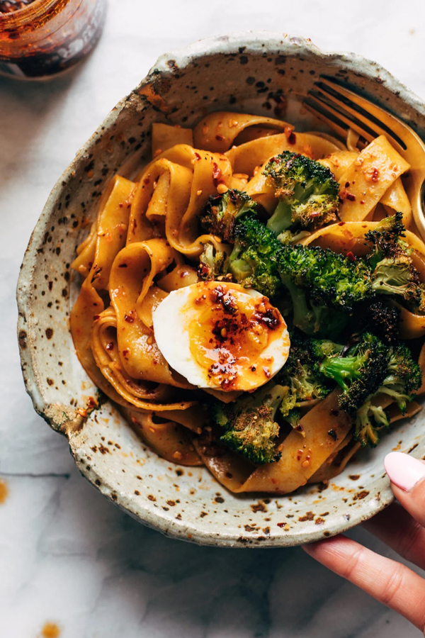 Chili Garlic Pappardelle with Smashed Broccoli and Soft Eggs - DeLallo