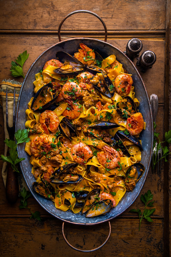 Garlicky Tarragon Pappardelle with Mussels, Shrimp & Chorizo - DeLallo