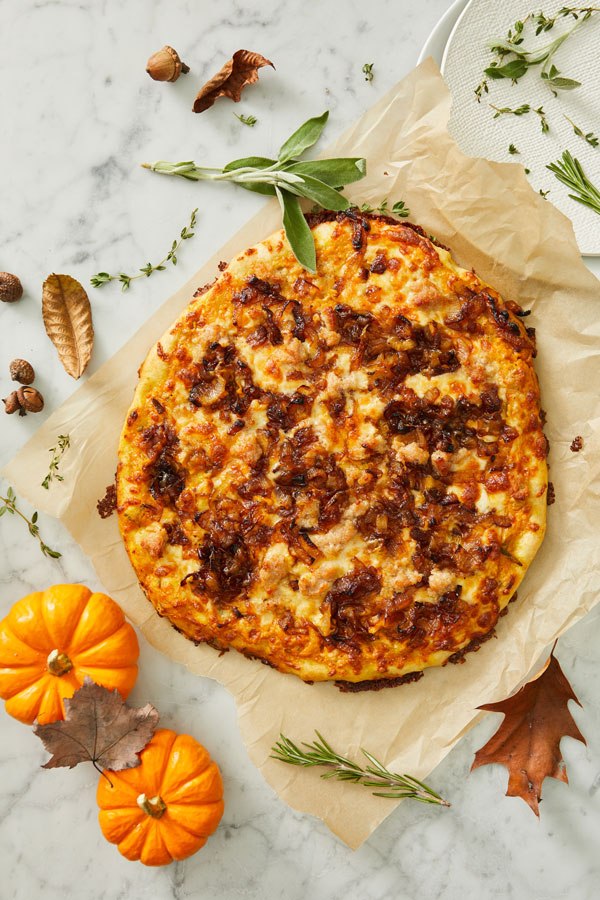 Pumpkin Pizza With Pancetta, Gruyère And Caramelized Onions - DeLallo