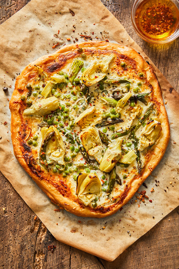 Spring Vegetable Pizza With Ricotta, Asparagus And Artichokes