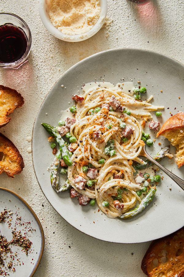 Springtime Spaghetti Carbonara with Peas and Asparagus - DeLallo