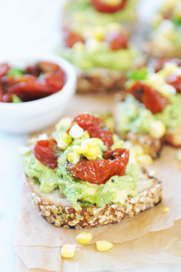 Sweet Corn and Roasted tomatoes on an Avocado Bruschetta 