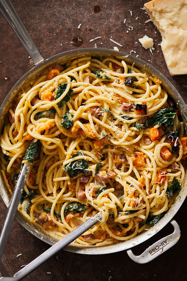 Butternut Squash Carbonara with Pancetta and Kale