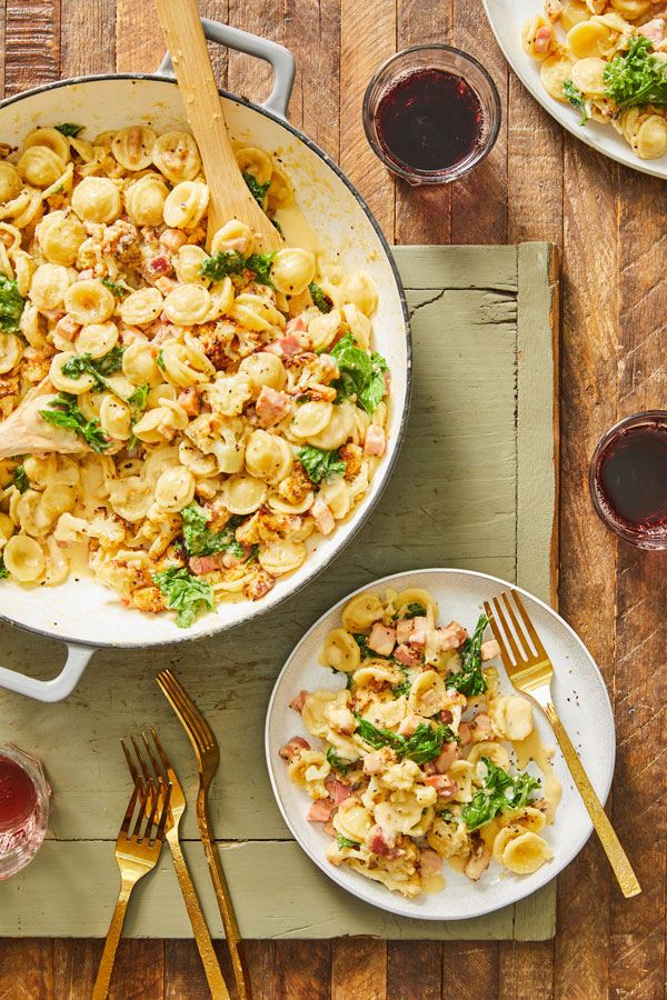 Orecchiette Carbonara with Kale Cauliflower and pancetta