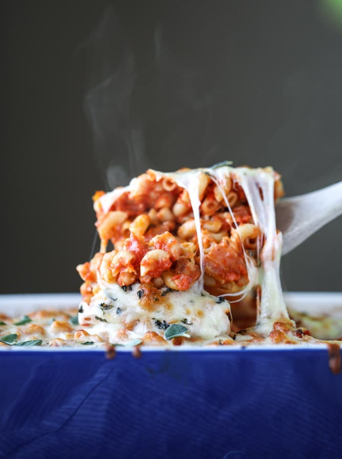 Image of Cheesy Baked Macaroni with White Beans and Bacon