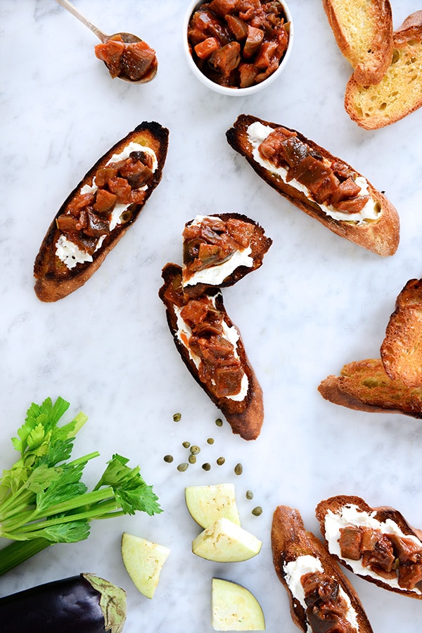 The Eggplant is served on top of crostini toasts. 