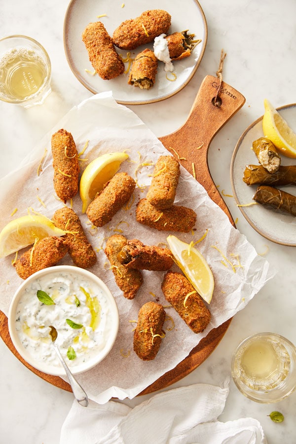Fried Stuffed Grape Leaves with Yogurt Mint Dipping Sauce DeLallo