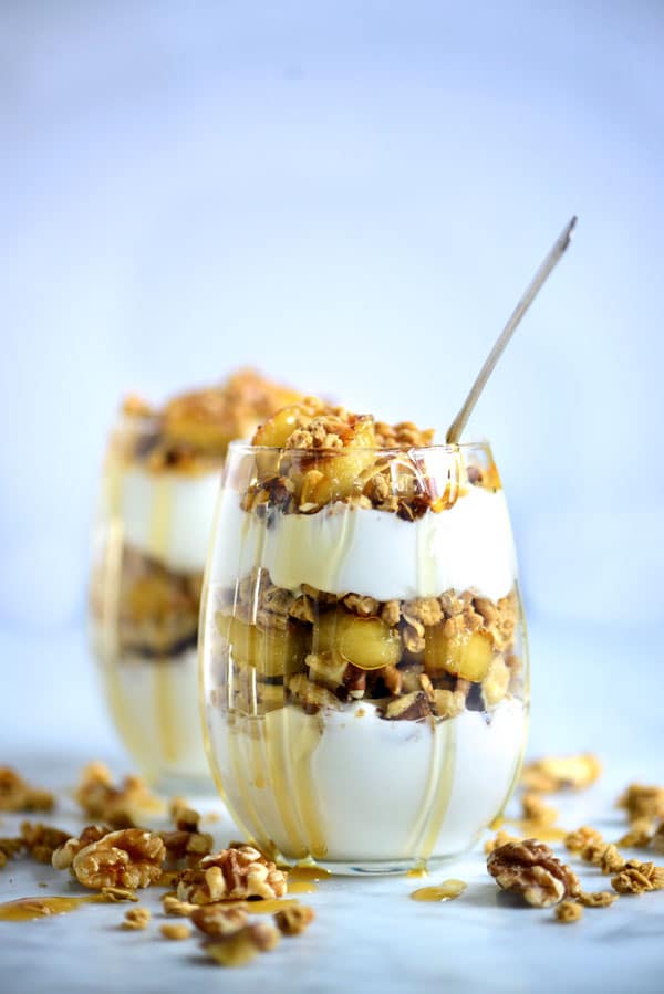 Yogurt and Bananas in a clear glass 