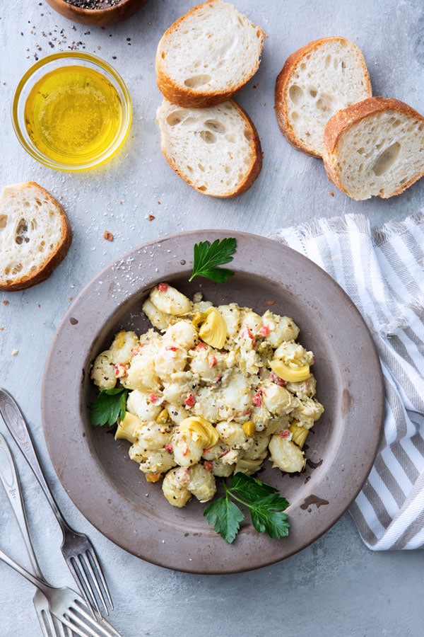 Gnocchi with artichokes in a bowl