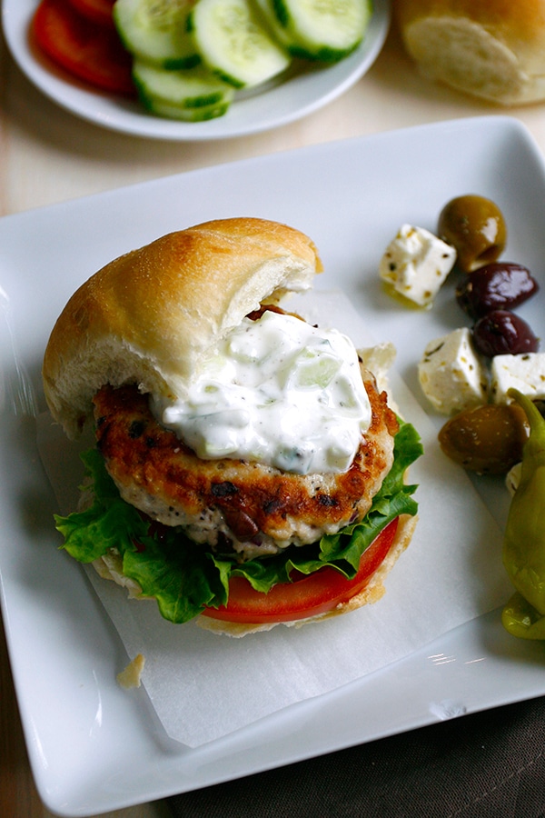 Feta turkey burger on white plate 