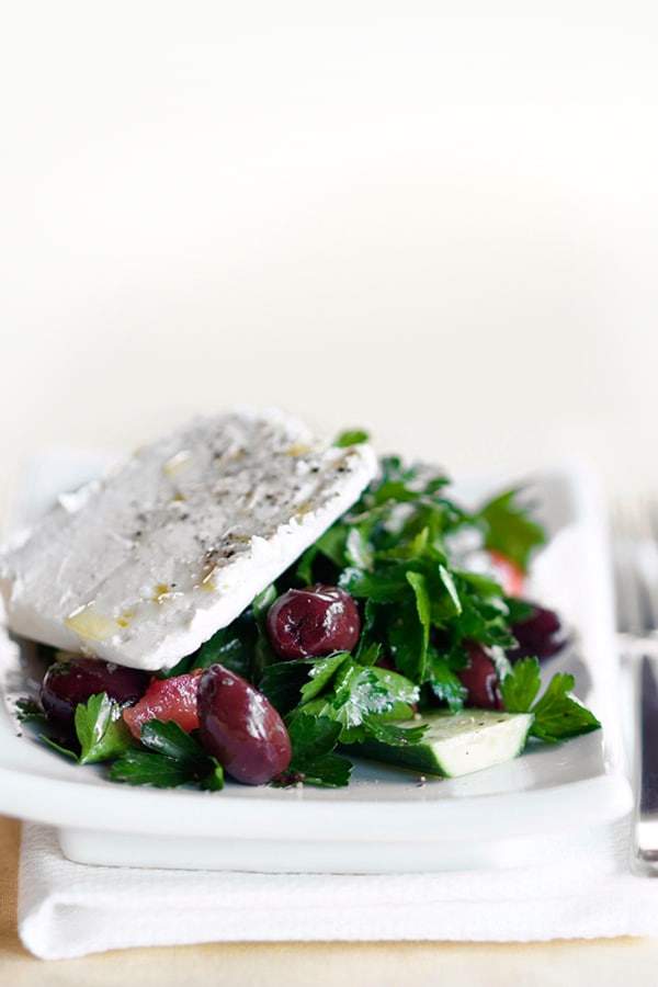 Greek salad on white plate