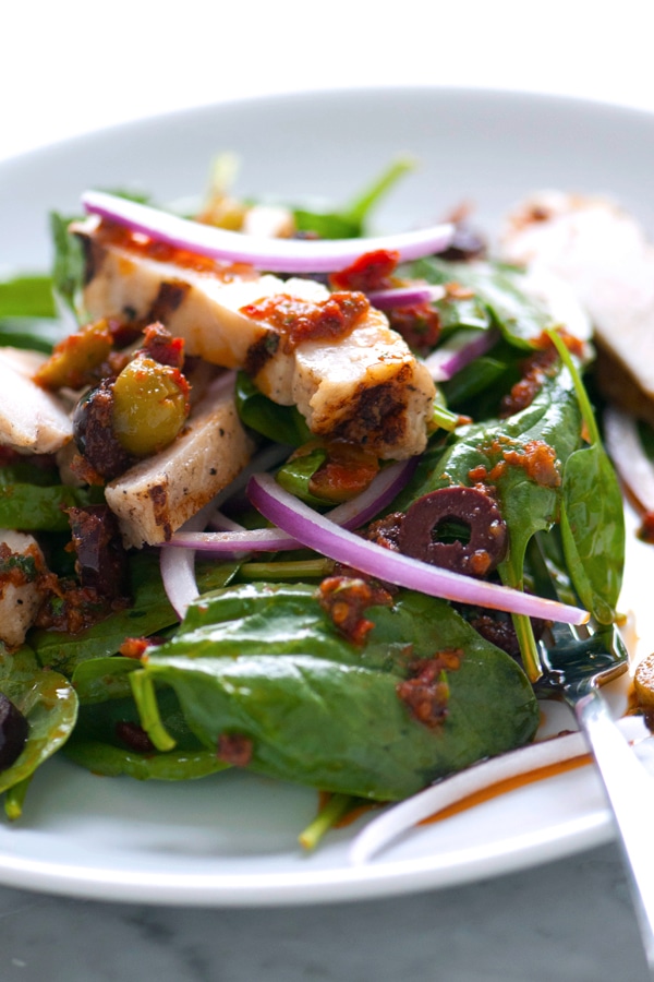Grilled Chicken Spinach Salad with Olive Pesto Dressing DeLallo