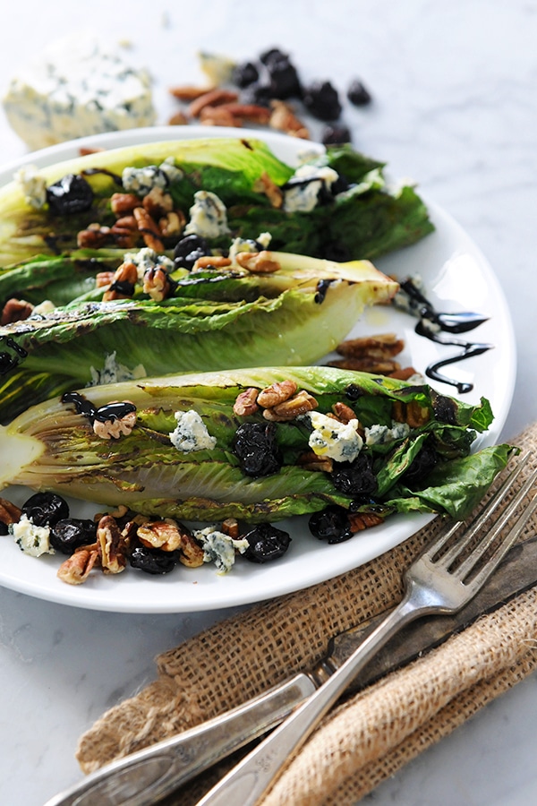 grilled romaine lettuce topped with blue cheese and balsamic 