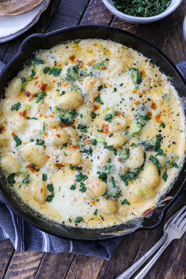 Broccoli cheese pan fried gnocchi ready to serve.